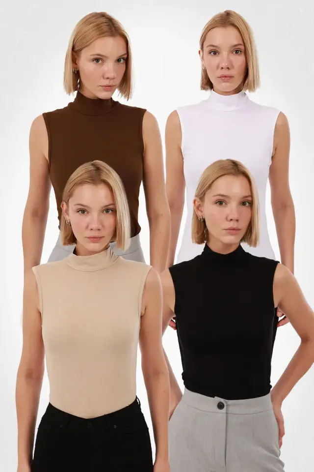 VeluraCollection - Kadın Kolsuz Balıkçı Yaka Bluz 4’lü Set