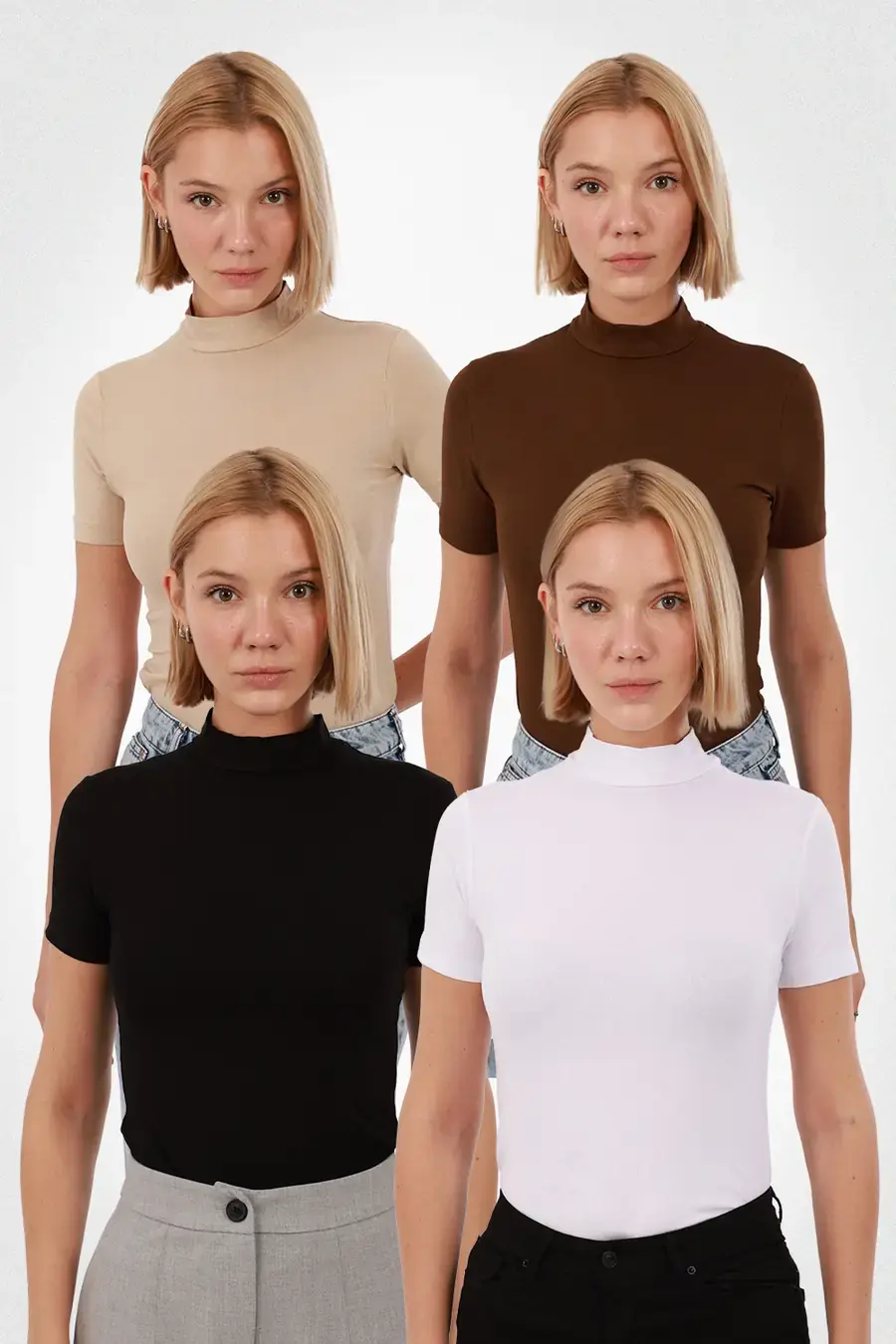 Velura Collection - Kadın Kısa Kol Balıkçı Yaka Bluz 4’lü Set