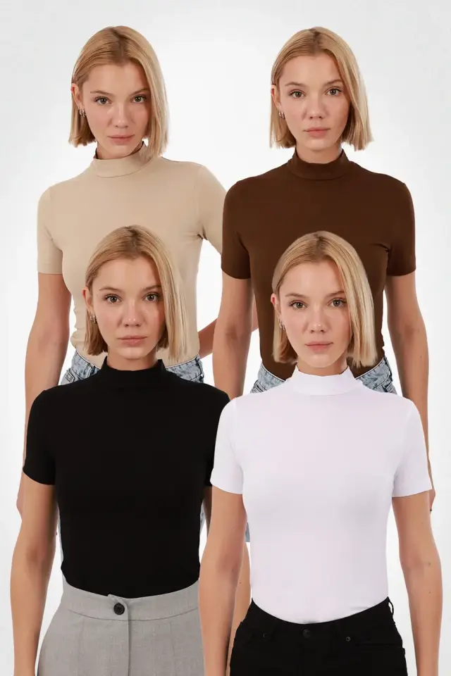 Velura Collection - Kadın Kısa Kol Balıkçı Yaka Bluz 4’lü Set