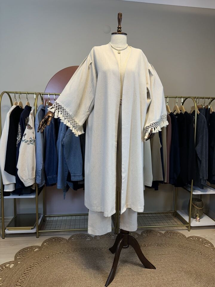 Keten Dokulu Püskül Detaylı Pantolonlu Kimono Takım