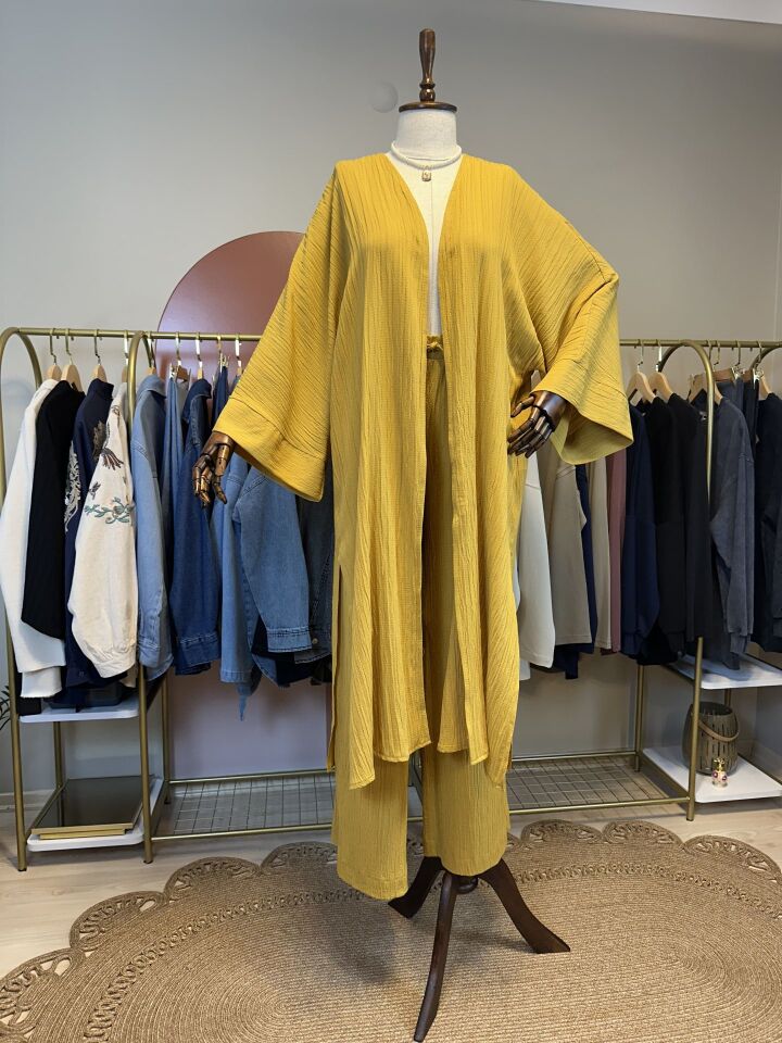 Velura Collection -  Dokulu Kimono Pantolonlu Takım - Sarı