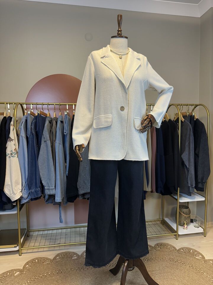 Velura Collection - Blazer Kesim Örme Hırka - Krem