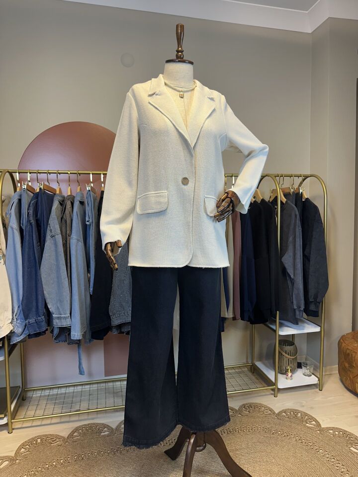 Velura Collection - Blazer Kesim Örme Hırka - Krem