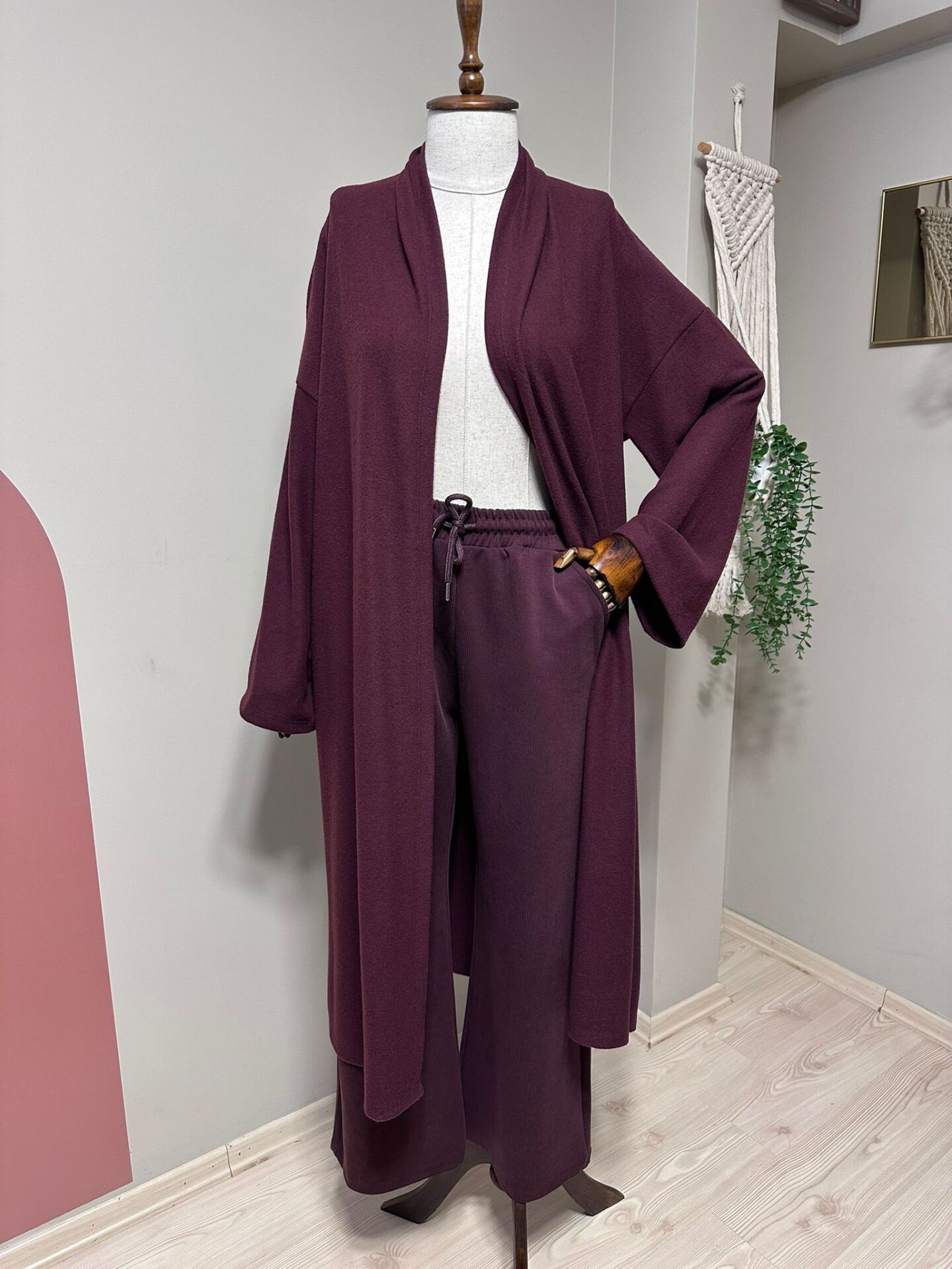 Velura Collection -  Salaş Kesim Uzun Kimono Hırka - Bordo
