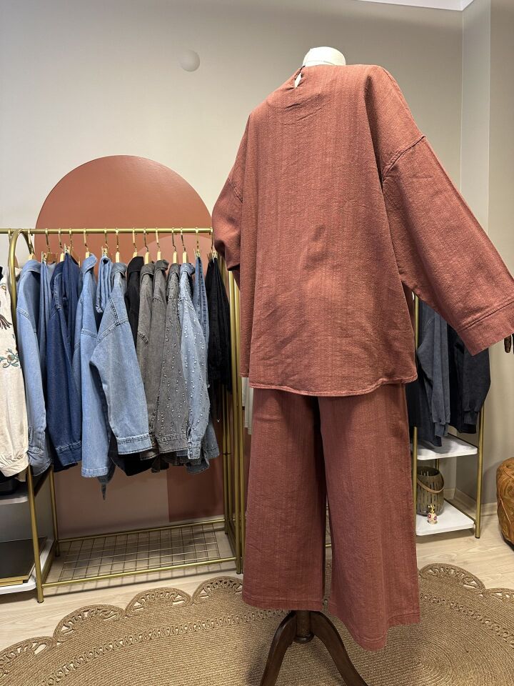 Velura Collection - Keten Görünümlü Takım - Kiremit
