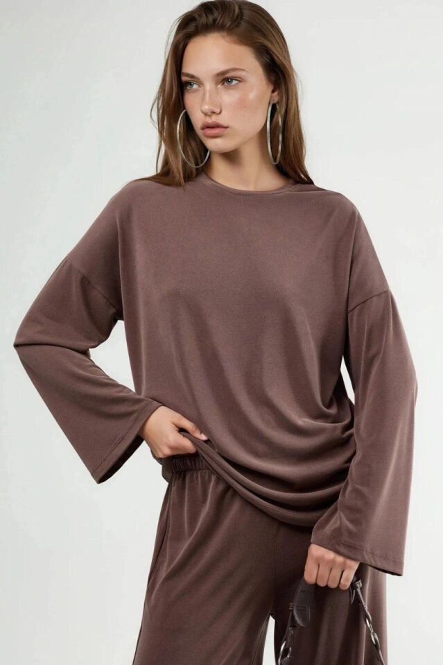 Velura Collection - Kahverengi Rahat Kesim İkili Takım – Uzun Kollu Üst & Bol Paça Pantolon